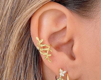 Dainty leaf ear cuff no piercing, Sterling Silver leaf ear crawler earring, conch earring, leaf ear climber, Gold ear wrap, clip on earring