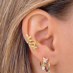 Ear cuff en forma de hojas para cartílago, pendiente sin perforación de Plata de Ley 925 y baño de Oro, clip de oreja, piercing falso