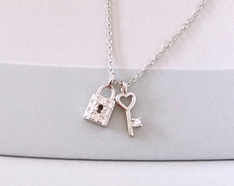 Cz Padlock and Heart Key Pendant Necklace for Women, 925