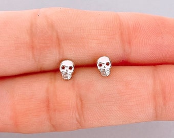 Teeny tiny gothic skull stud earring, 925 Silver mini cartilage skeleton head studs, skull jewelry, Gold punk skull studs for men and women