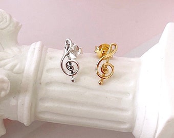 Treble Clef earrings, Sterling Silver music note earrings, Gold plated treble clef stud earrings, music jewelry, unisex gift for musician