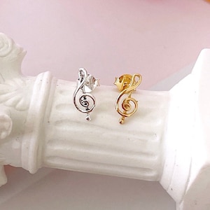 Treble Clef earrings, Sterling Silver music note earrings, Gold plated treble clef stud earrings, music jewelry, unisex gift for musician