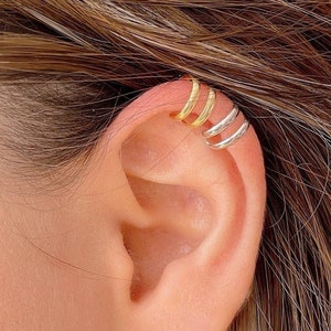 Doble band ear cuff no piercing, helix earring, cartilage earring, Sterling Silver bar ear cuff, Gold plated thick ear cuff, chunky ear cuff