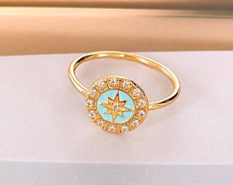 Sparkly cz starburst ring for women, 18K Gold plated Sterling Silver turquoise enamel polar star stacking ring