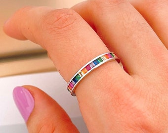 Rainbow eternity band ring for women, Sterling Silver multicolor baguette cz ring, colorful stackable ring, pride couple ring, gift for her