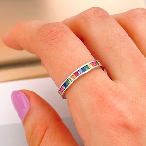 Rainbow eternity band ring for women, Sterling Silver multicolor baguette cz ring, colorful stackable ring, pride couple ring, gift for her