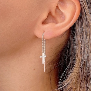 Infilatori a croce, orecchini a catena, orecchini lunghi, pendenti a filo per le orecchie, pendenti a croce, orecchini a catena lunga in argento massiccio 925