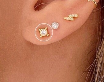 Minimalist cz stud earring with tiny balls, 925 Sterling Silver dots stud, tiny second hole earring, Gold plated ball stud, stacking earring