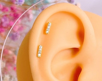 Gold Plated CZ Bar Earring, Sterling Silver Helix Conch Barbell
