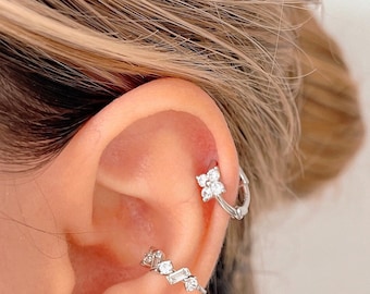 Small CZ Flower Hoop Earrings for Tragus Lobe Cartilage Helix, 925