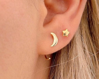 Moon open huggie hoop earrings, Sterling Silver moon hugger hoop, moon earring, hug hoop earring, pull through hoops, Gold plated ear hugger