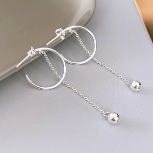 Geometric hoop chain stud earrings for women, Sterling Silver long drop chain link stud earring, minimalist streetwear jewelry, gift for her