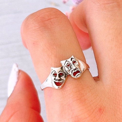 Comedy Tragedy Mask Jewelry Sterling Silver Face Ring Etsy