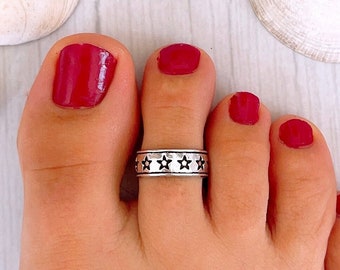 Anillo ancho de pie con estrellas de Plata oxidada, anillo ajustable boho, anillo liso de pie unisex, anillo de meñique, joyería de verano
