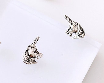 Quirky unicorn stud earrings, oxidized Sterling Silver mythical earring, small animal earring, gift for unicorn lovers, unicorn jewelry