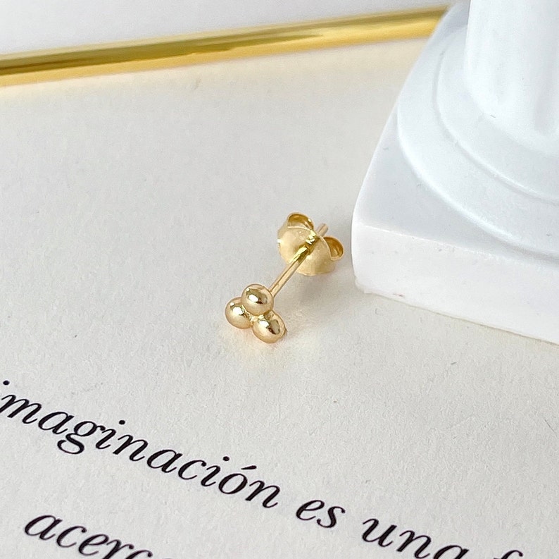 Minimalist tiny three ball stud earring for women, 925 Silver three spheres post earring, Gold plated second hole dot studs, gift for her image 6