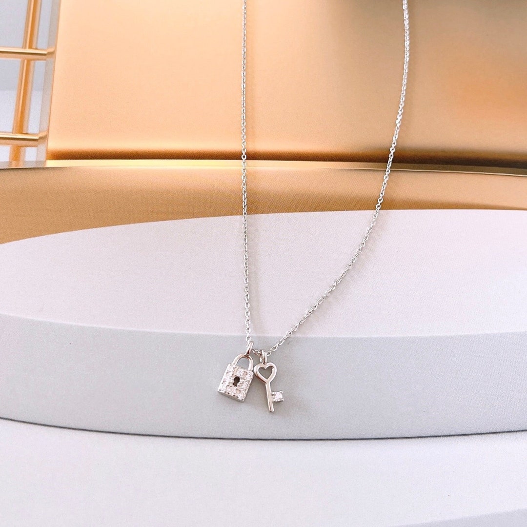 Cz Padlock and Heart Key Pendant Necklace for Women, 925 Silver