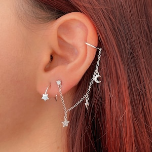 Orecchino a bottone con zirconi e catena, polsino per orecchio a elica, orecchino a bottone con catena lunga per orecchio sinistro con ciondoli, orecchino a clip in argento, polsino per orecchio in oro senza piercing, orecchino pendente