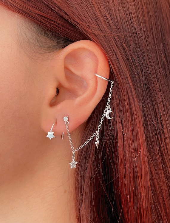 CZ Gem Stud Earrings with Star Dangle Chain Ear Cuff CZ Gem Stud Earrings with Star Dangle Chain Ear Cuff