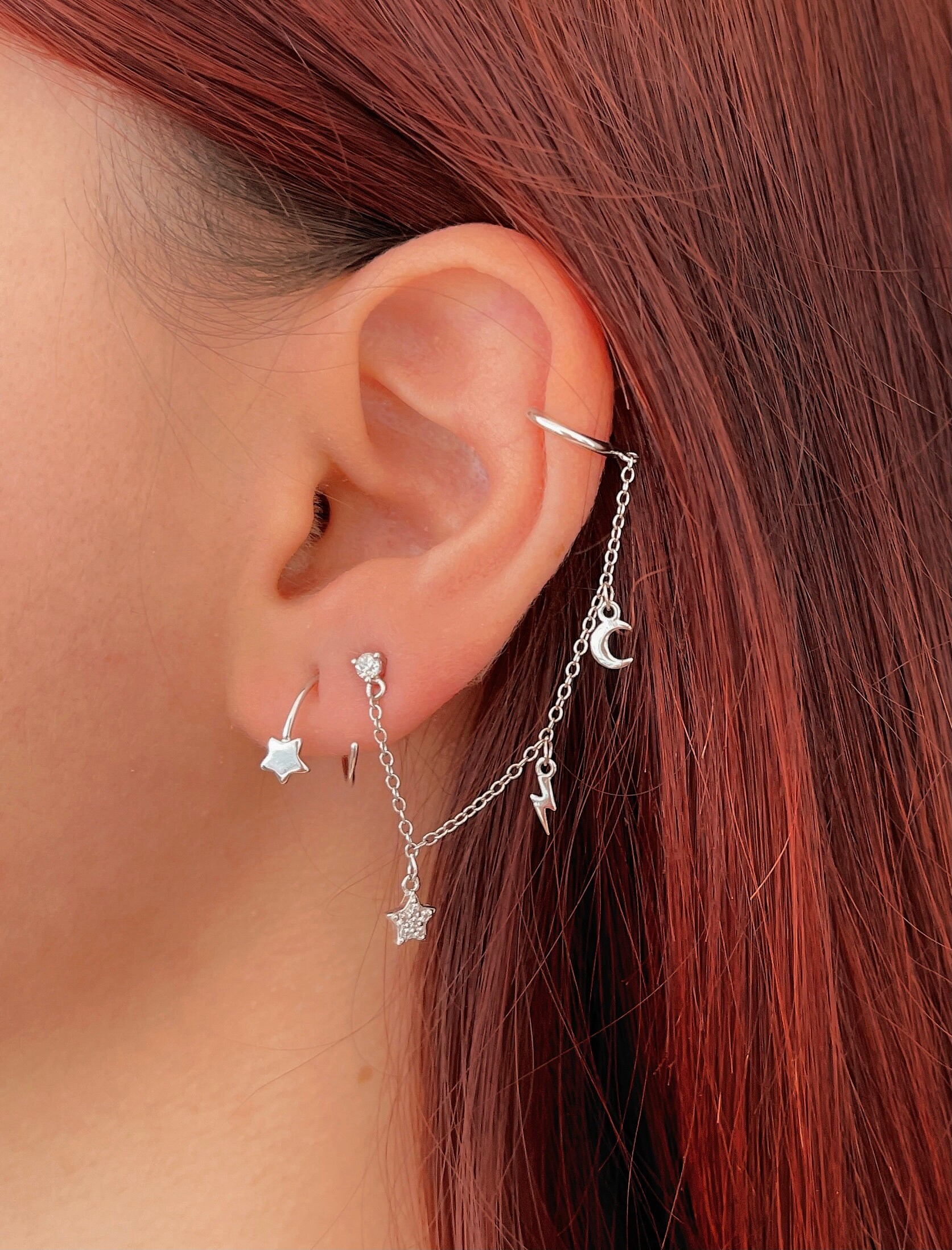 Cz Stud With Chain, Helix Ear Cuff, Left Ear Long Chain Cuff