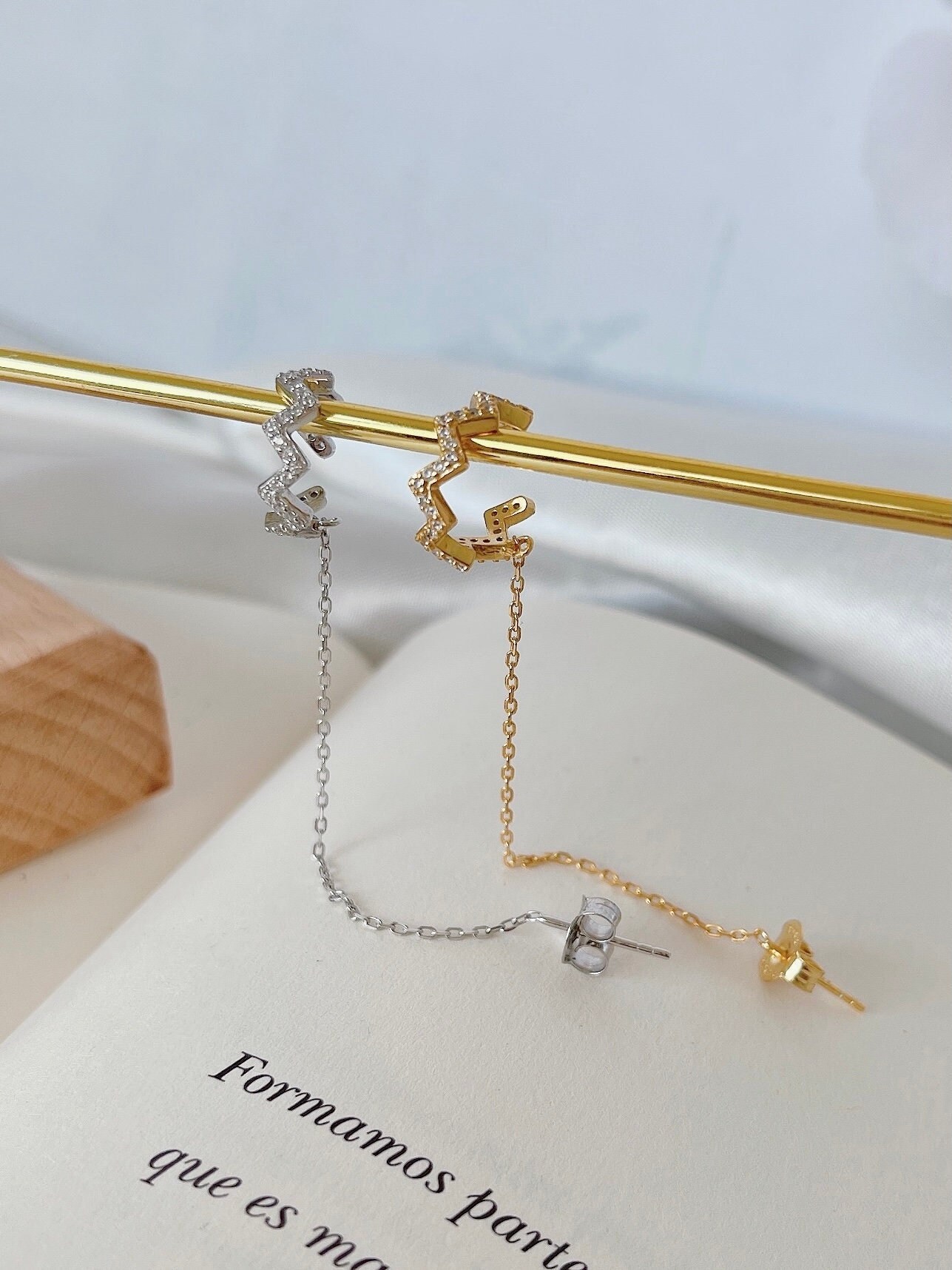 CZ Zigzag Ear Cuff Threader Earring, 925 Sterling Silver