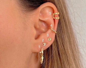 Set de pendientes, ear cuff, arete de helix, pendiente de cartílago sin perforación en Plata de Ley y baño de Oro, arete de sol y de olas