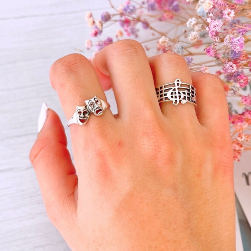 Comedy Tragedy Mask Jewelry Sterling Silver Face Ring Etsy