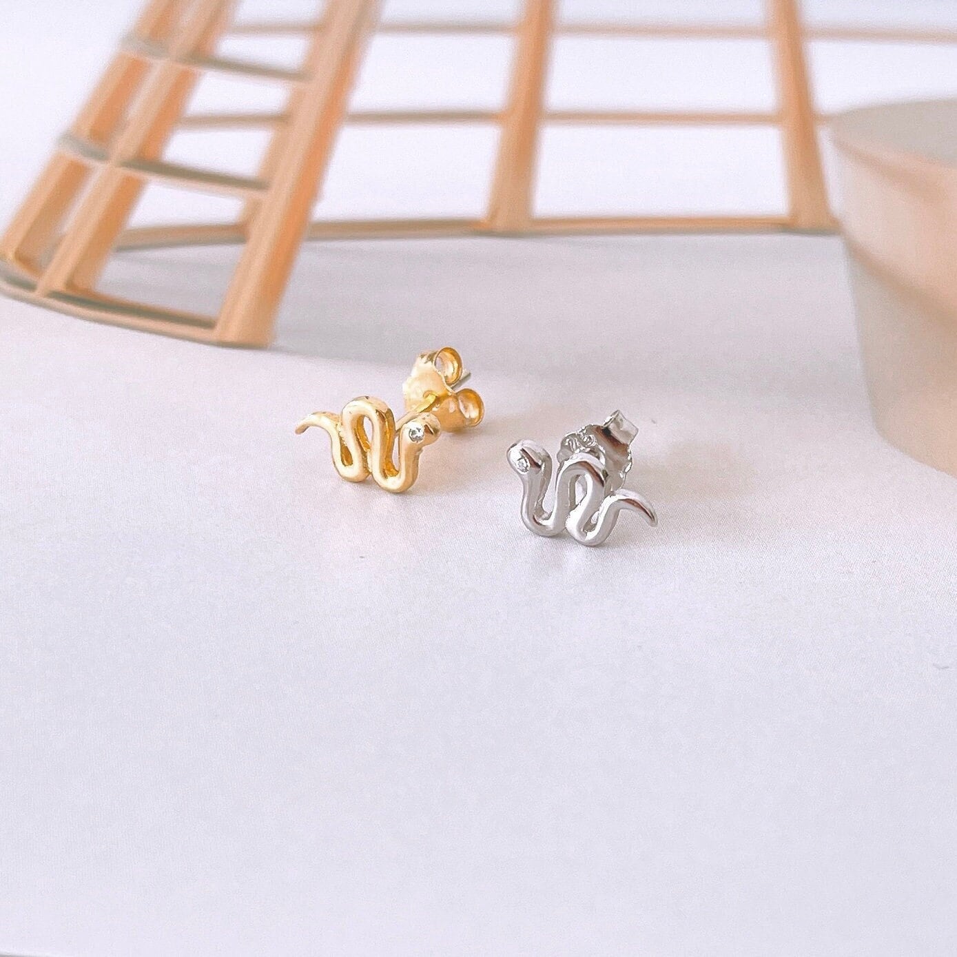 Small snake stud earring in 925 Sterling Silver, second hole tiny serpent earring for women and girls, Gold plated fun jewelry, gift fot her