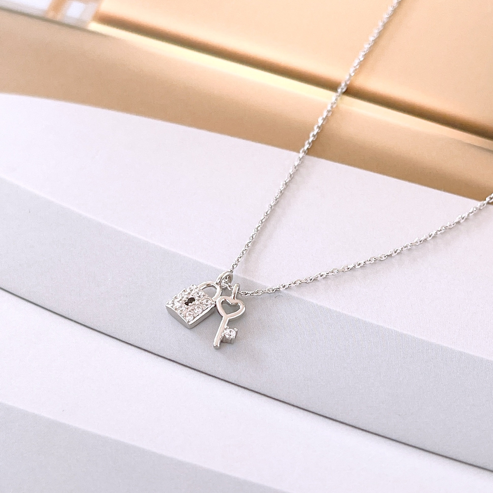 Cz Padlock and Heart Key Pendant Necklace for Women, 925