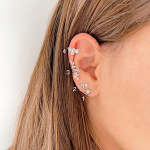 Set di orecchini Nature, set di 4 orecchini, orecchini a forma di ape, polsino Helix in argento sterling, polsino a forma di conchiglia, orecchini a lobo a forma di libellula, orecchini a forma di foglia