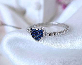 Anillo corazón de circonitas azules, anillo de bolitas de Plata de Ley 925, anillo apilable para mujer, regalo para novia, joyería corazón