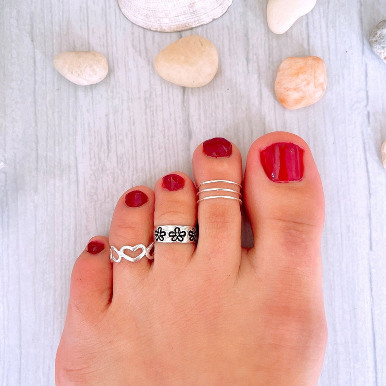 Boho triple band adjustable toe ring, Sterling Silver 925 wide band midi ring, unisex knuckle open ring, pinky ring, summer foot jewelry 画像 5