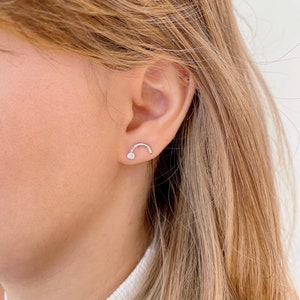 Modern Curved Bar Earrings in Sterling Silver, CZ Climber Earrings, Geometric Ear Crawler Studs, Simple and Minimalist Jewelry, Gift for Her