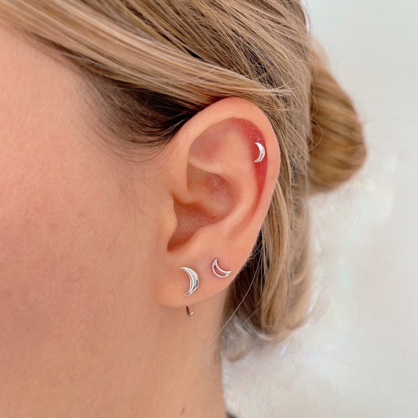 Petit piercing en hélice de lune, boucle d'oreille vissée en croissant de lune en argent sterling 925, piercing de conque, piercing de cartilage de lune plaqué or