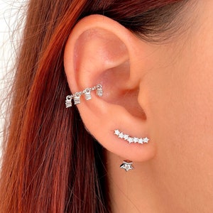 Tiny star ear jacket earrings, CZ double sided earrings, 925 Sterling Silver and Gold plated huggie earrings, ear climber stud earrings