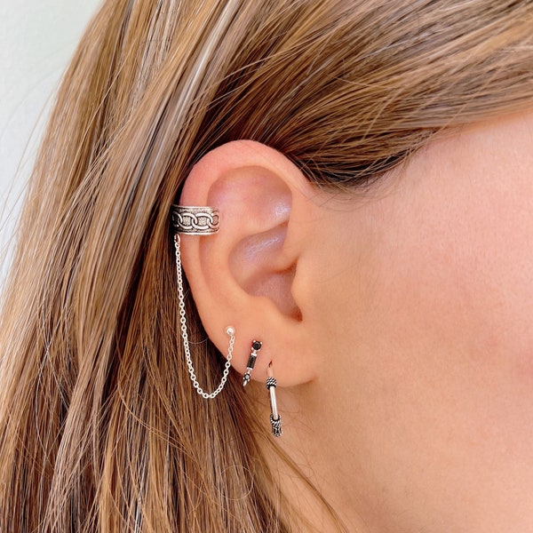 Ear Cuff con cadena, pendiente sin perforación unisex en Plata de Ley 925 oxidada, clip de oreja, piercing falso