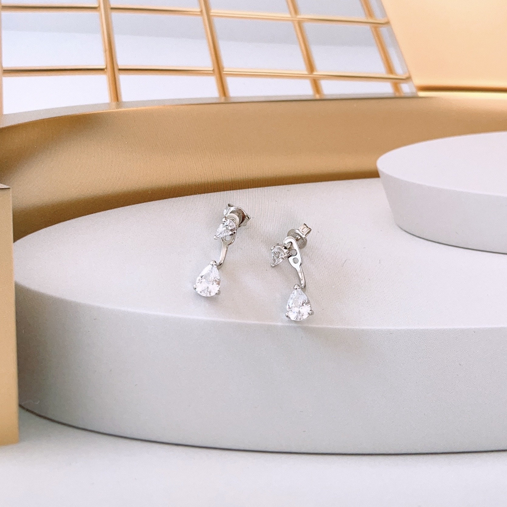 Sterling Silver Tear Drop CZ Ear Jacket Stud, Front Back