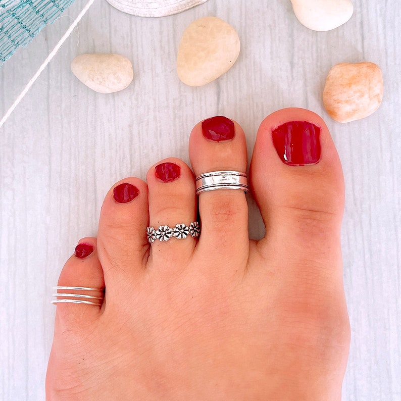 Boho triple band adjustable toe ring, Sterling Silver 925 wide band midi ring, unisex knuckle open ring, pinky ring, summer foot jewelry 画像 9