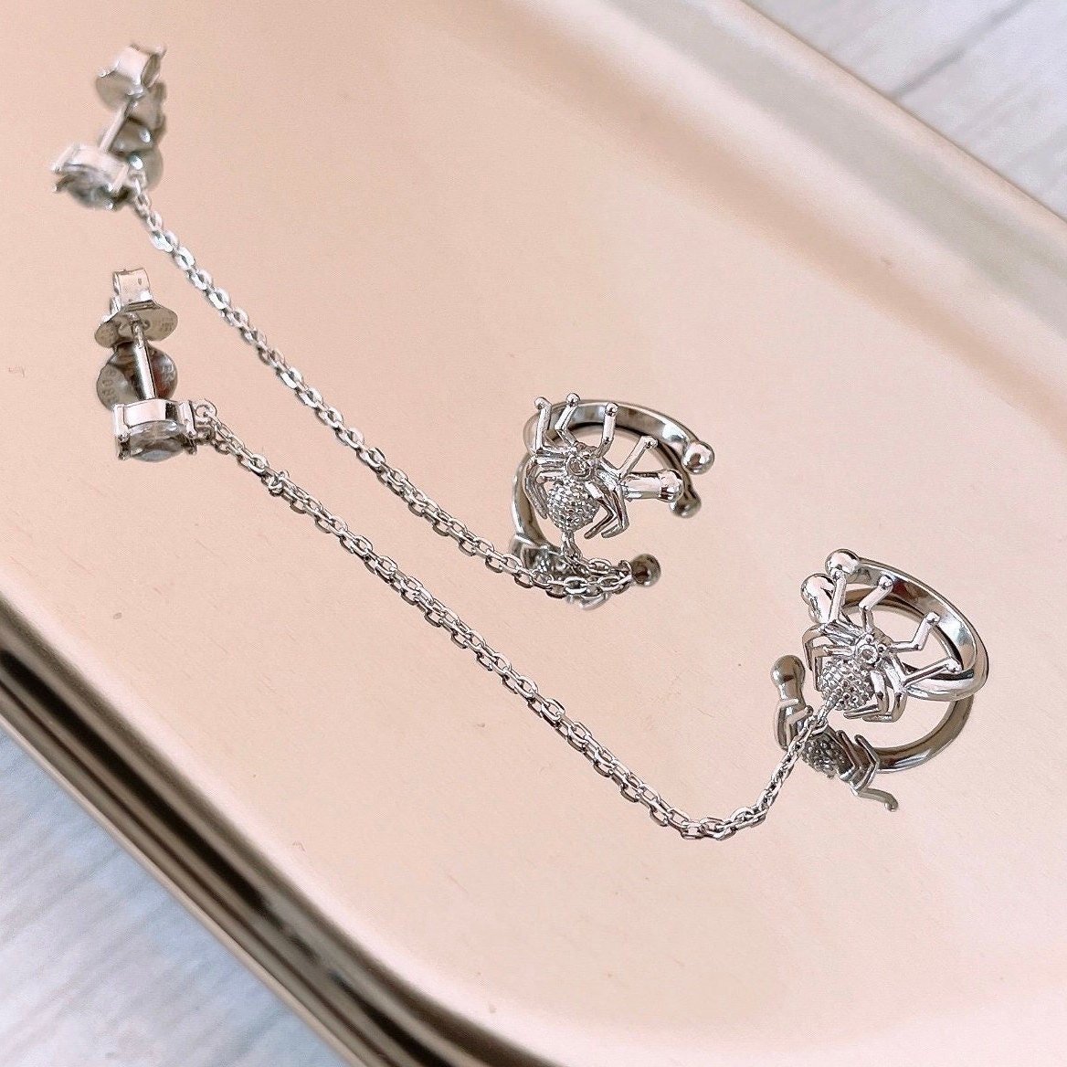 Sterling Silver Spider Ear Cuff No Piercing With Chain, Cz