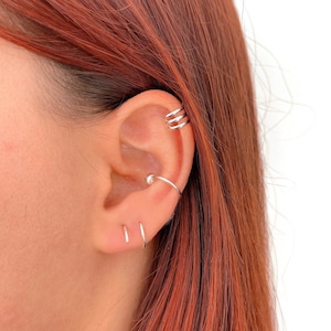 Ear cuff ancho triple barra de Plata de Ley 925 y baño de Oro, pendiente sin perforación de cartílago, clip de oreja, arete a presión unisex