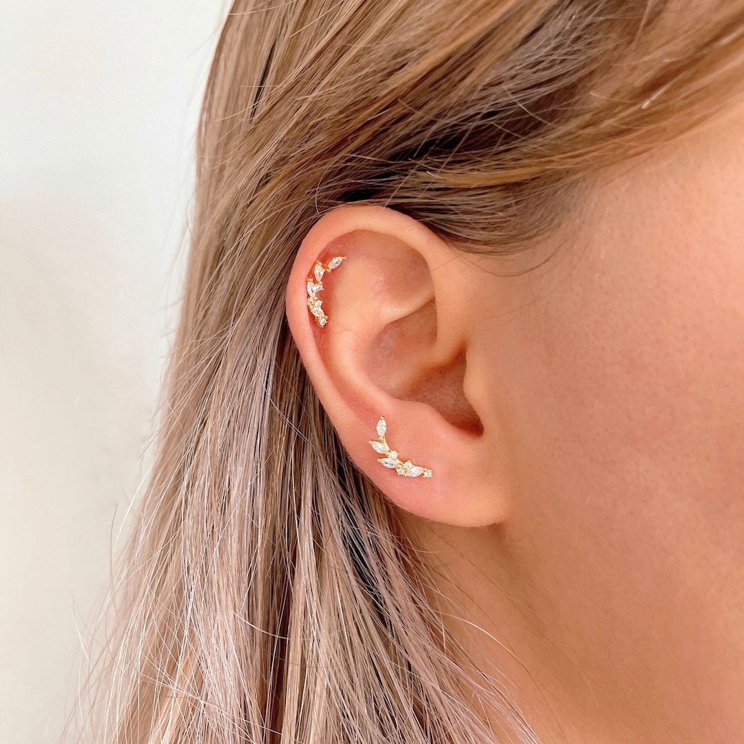 Sterling Silver 18G Helix Piercing, Marquise Cz Leaf Shaped