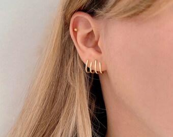 Statement suspender earrings in Sterling Silver, pair lobe ear cuff stud earring, Gold plated 4 band huggie hoop earring, modern ear climber