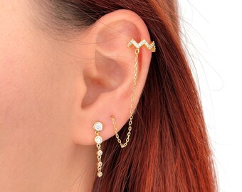 ピアス Irregular Chain Earrings CZ Chain Stud Earrings in Sterling Silver or Gold, Ear Cuff
