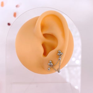 Edgy double piercing chain earrings, Sterling Silver chain studs, Gold plated two hole earring, double stud with chain, punk link earring