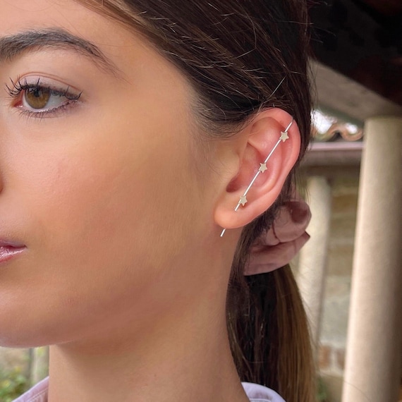 Sterling Silver Ear Climber Earrings Ear Pin Earrings Edgy Pin Hook Ear Cuff Modern Cane Ear Climber Ear Crawler Etsy