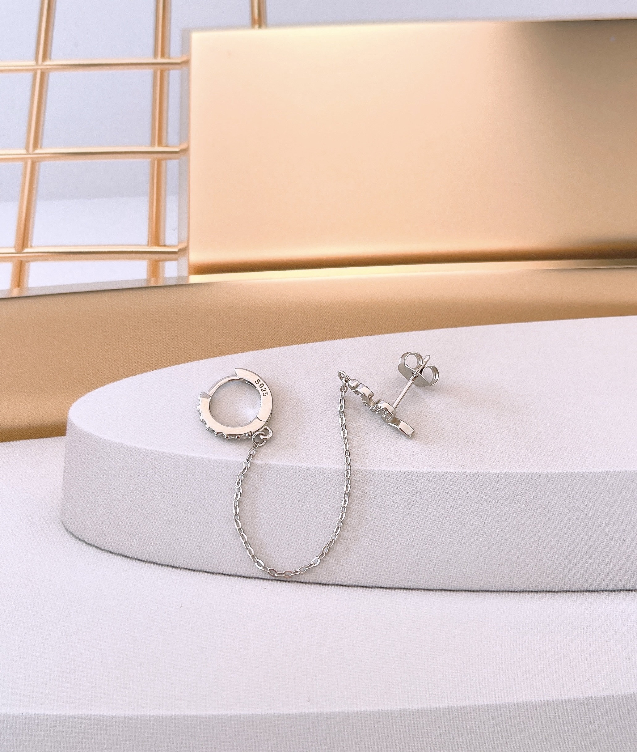 CZ Snake Stud Earring, Sterling Silver Chain Earring, Double