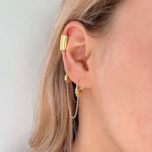 Handcuff hoop earrings with linking chain, Sterling Silver double cartilage piercing hoops, Gold plated linked hoops, streetwear jewelry