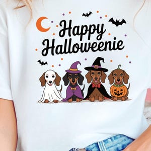 Happy Halloweenie T-Shirt, Cute Dog Ghosts Graphic Tee, Women's Fashion Casual Top, Autumn Holiday Apparel
