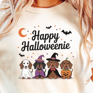 Happy Halloweenie T-Shirt, Cute Dog Graphic Tee, Women's Halloween Fashion, Festive Fall Clothing