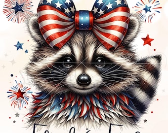 Raccoon Shirt PNG for 4th of July, Feral and Free Clipart, Patriotic Coquette Bow Digital Download, Fourth of July Fireworks Sublimation